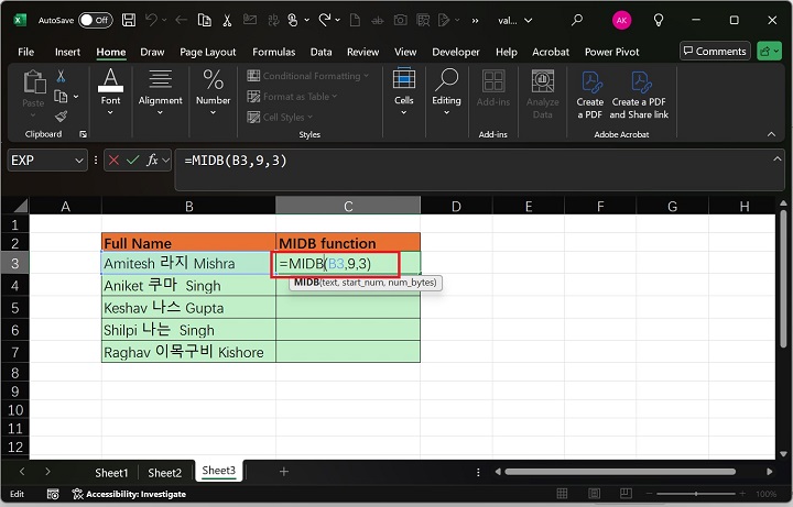 Excel 中的 MIDB 函数