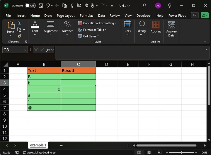在 Excel1 中使用 UNICODE 函数