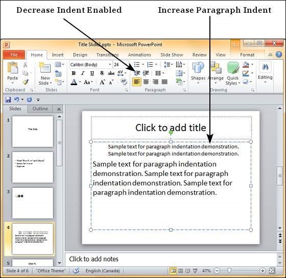 Microsoft PowerPoint 2010 中的缩进段落